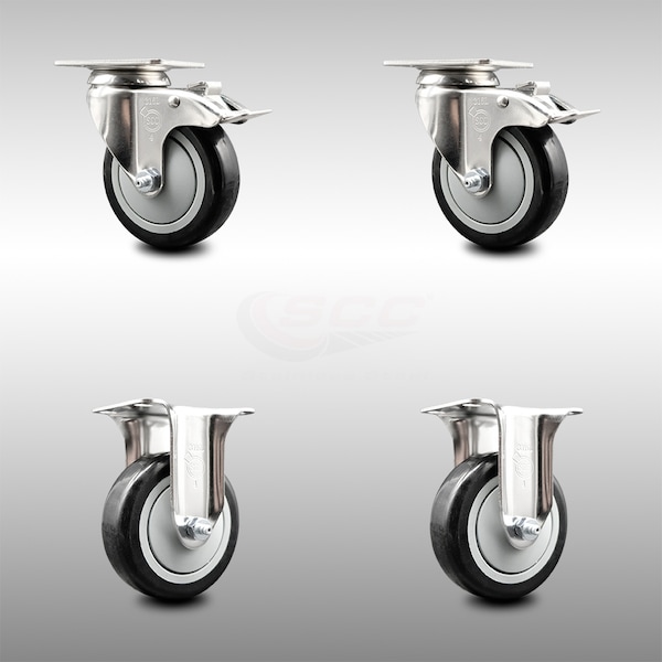 Service Caster 4 Inch 316SS Black Polyurethane Swivel Top Plate Caster Lock Brake 2 Rigid, 2PK SCC-SS316TTL20S414-PPUB-BLK-2-R-2 - main